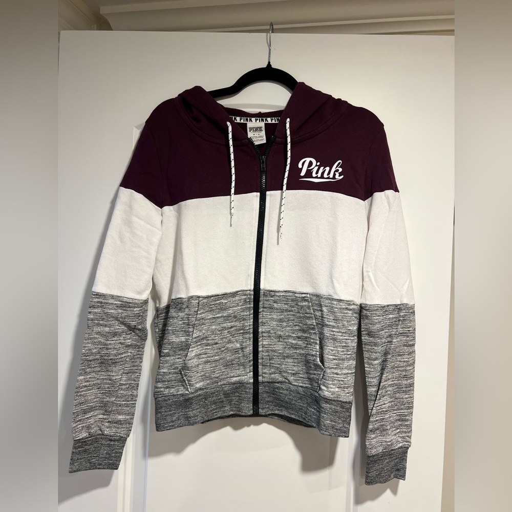 Victoria's Secret Pink Colorblock Hoodie - Burgundy, White, Gray